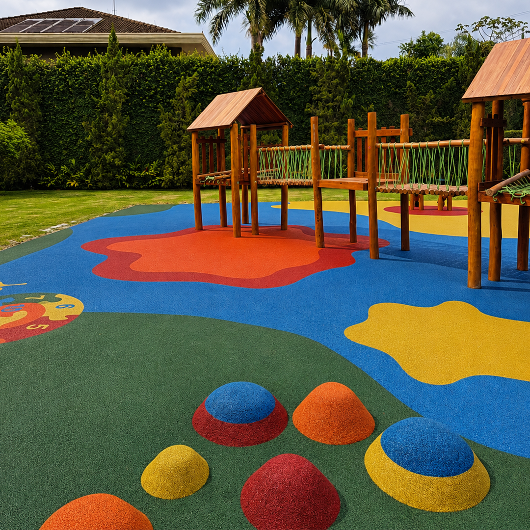 Playground de madeira instalado sobre piso monolítico colorido